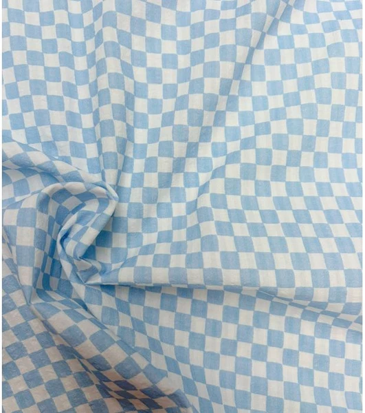Tissu coton seersucker- Damier ciel
