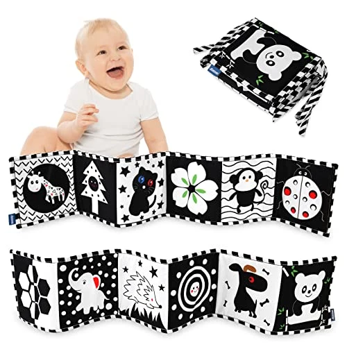 Vicloon Livre D'eveil Double Face en Tissu,Livre Tissu Bébé Livre Noir et Blanc Bébé Pliable Réutilisable,pour 6-12 Mois et Tout-Petits,Favorise développement Cerveau Bébé (Noir-A)