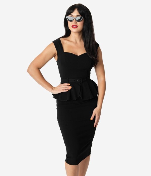 Collectif 1950s Style Black Stretch Peplum Mae Pencil Dress