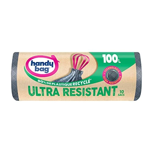 Handy Bag - Sacs poubelle à poignées coulissantes Ultra Résistant 100L x 10 sacs - Ultra Protection : trame et film triple épaisseur - Fond anti-fuite - Étanchéité maximale - 100% plastique recyclé