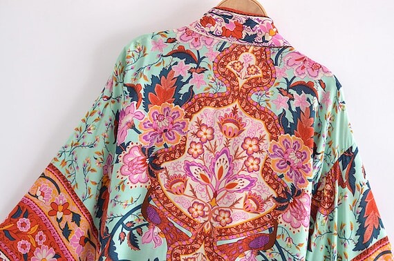 Boho Floral Print Sashes Short Kimono, Summer Boho Kimono, Women Short Floral Kimono, Boho Beach Kimono, Boho Jacket