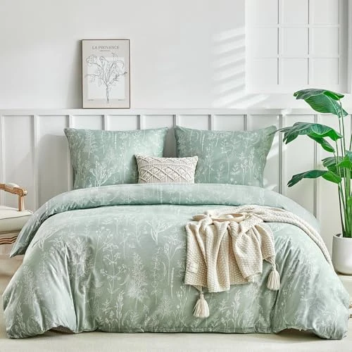Tokokimo Parure de Lit 4 Pièces Housse de Couette 220x240cm + Drap Housse 160x200cm avec 2 Taies d'oreillers 65x65cm en Microfibre, Motifs Floraux Peints à la Main, Vert Sauge