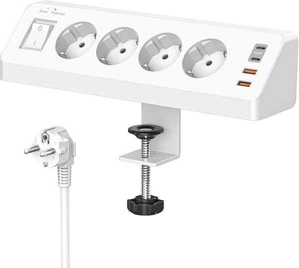 Prise de table avec USB C (PD 20W), multiprise 8 en 1, bureau avec interrupteur, prise multiple 4 prises, 4 USB, protection contre les surtensions avec câble de 2 m pour la maison et le bureau (blanc)