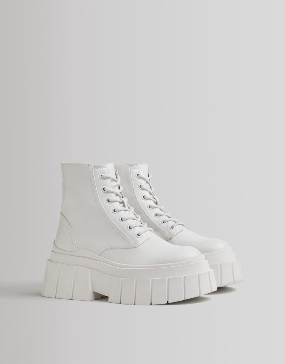 Bershka Bottines À Lacets Plateforme Rayée Femme 40 Blanc