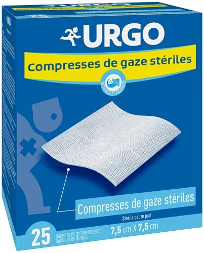 Urgo - Compresses de gaze stériles - Absorption - Boîte de 25 sachets de 2 compresses - 7,5cm x 7,5cm