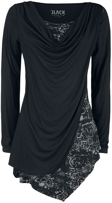 TAILLE XL Black Long-Sleeve Shirt with Waterfall Neckline and Print