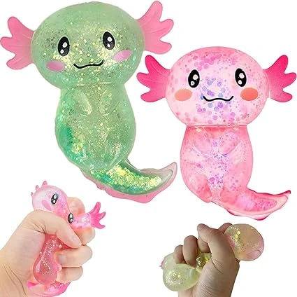 Axolotl Toys de Stress, 2 Pièces Paillettes Axolotl Toys, Jouet de Soulagement de Stress Axolotl, Axolotl Jouets Anti-Stress, Axolotl Mignon Vibrant Résilient Stress Toys pour Enfants et Adultes