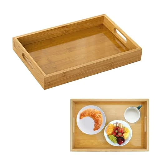 Plateau en Bambou Rectangulaire avec Poignées, 30X20X4 cmPlateau de Service en Bambou, Plateau Repas Plateaux de Petit Déjeuner, Table Basse, Cuisine Décoration pour Boissons, Réception de Fête