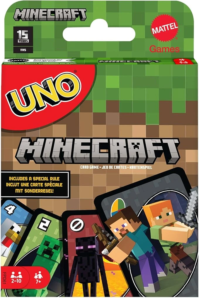 Uno Jeu De Cartes Illustrées Thème Minecraft avec Carte Action Creeper Spéciale, 112 Cartes Et Règles De Jeu Incluses, De 2 À 10 Joueurs, Jouet Enfant, A Partir De 7 Ans, FPD61