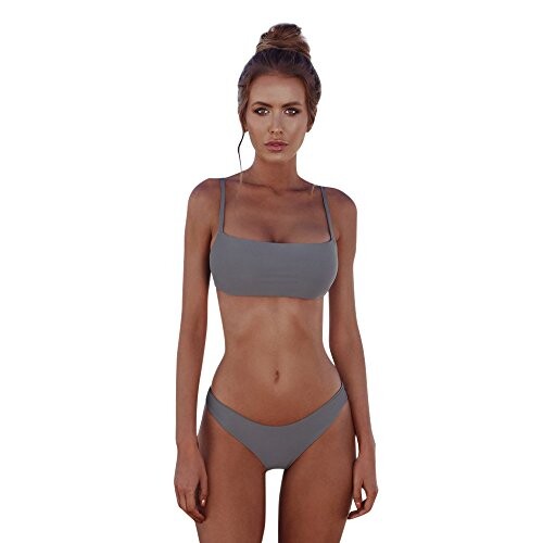 Femme Maillots de Bain Sexy 2 pièces Bandeau Bandage Tankinis Set Femmes brésilien rembourré Causal Push Up Taille Haute Beachwear Bikini Sexy Femme String (M, A-Gris)
