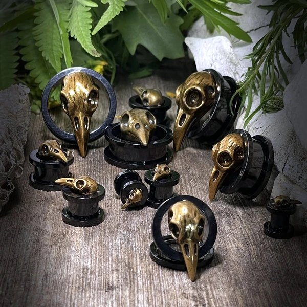 Raven Skull Ear Tunnels - Black Stainless Steel Ear Plugs - Gothic Screw Fit Ear Gauges - Punk Pagan Goth Earrings