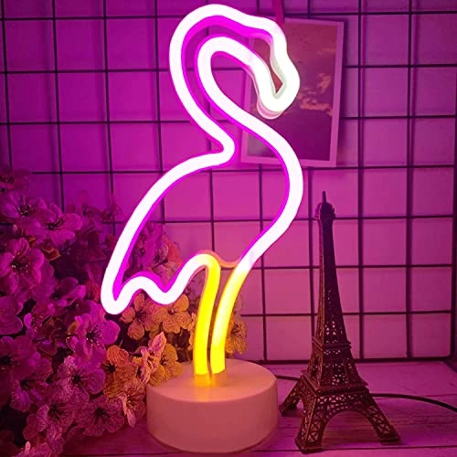 NIWWIN Enseignes au néon pour chambre à coucher avec base de support, batterie ou USB, décoration lumineuse pour la fête d’anniversaire de Noël Salon Chambre à coucher Table Enfants Cadeaux. (Flamant)
