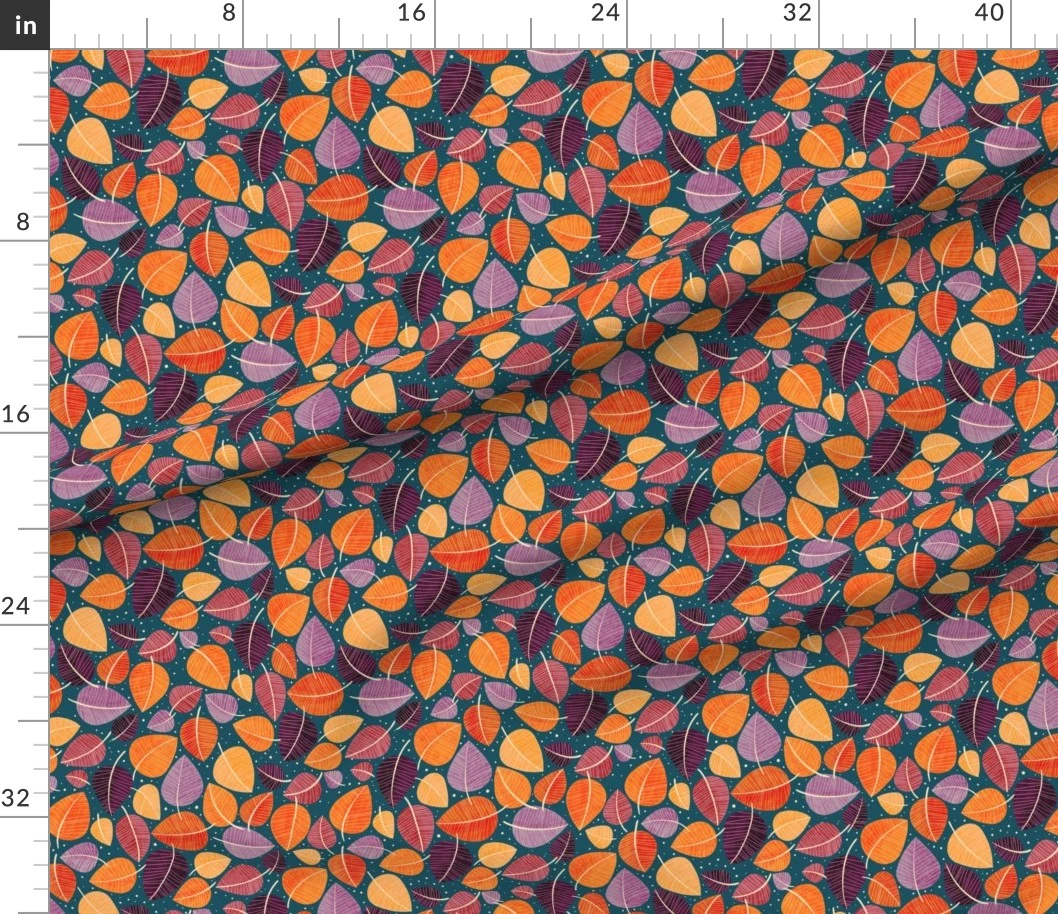 Fabric in Hand drawn mid century moder style leaves - blue and warm fall colours - L