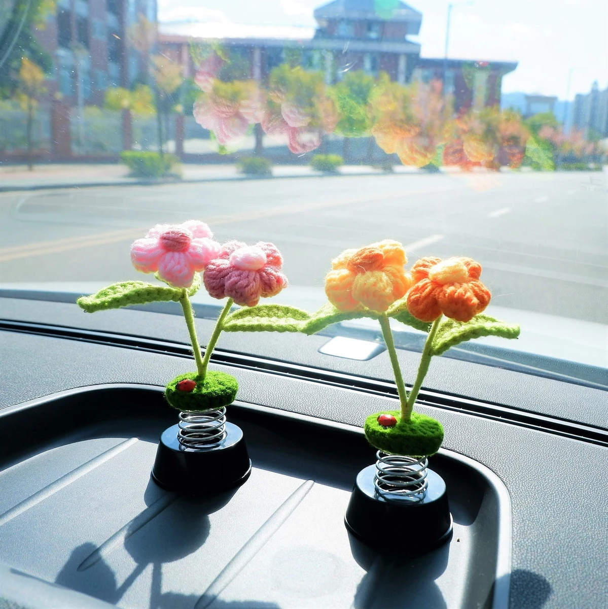 Crochet Fluffy Flowers Car Dashboard Decor, Bobblehead Flower Car Interior Accessory, Cute Car Accessory for Women, Boho Car Air Freshener