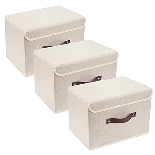TYEERS Boîte de Rangement avec Couvercle, Tissu, Lavable, Rangement Tissu, 38x25x25 cm, Lot de 3, Beige