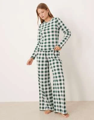 ASOS DESIGN - Pantalon de pyjama à assortir avec imprimé à carreaux et taille en velours - Vert