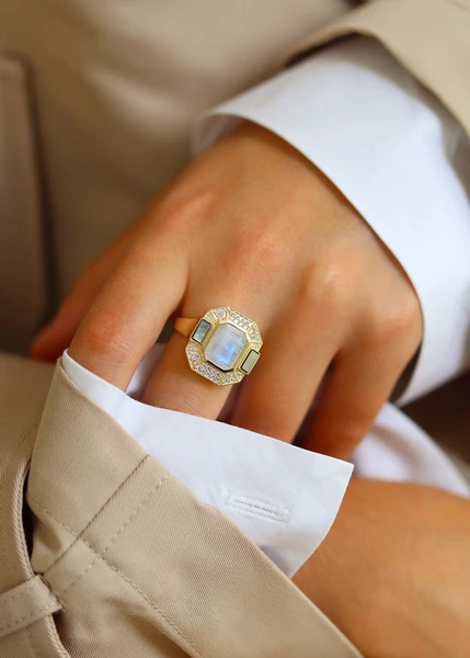 Celestine ring Moonstone and Grey Mother of Pearl