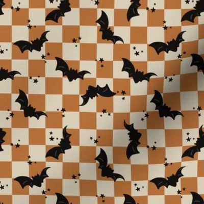 Orange Halloween Bat Checkers Fabric | Spoonflower