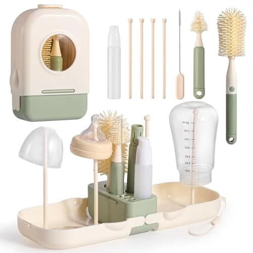 Diboniur 7 en 1 Goupillon Biberon Silicone avec Brosse à Tétines, Brosse à Paille, Distributeur de Savon et Égouttoir