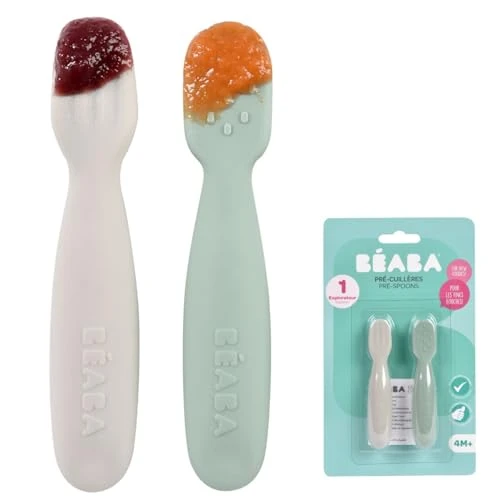 BEABA, Lot de 2 cuilleres bebe 1er age, Pré-cuillères en Silicone, Couverts Bébé, Dès 4 Mois, Forme Ergonomique, Textures Différentes, Manche Ergonomique, Sage green/Velvet grey