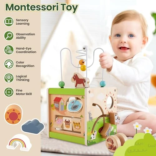 BUYGER Cube d'Activité Montessori en Bois, Jouet d'Éveil 6 en 1 avec Puzzle Formes &amp; Labyrinthe Perles, Cadeau Éducatif pour Bébé Garçon Fille (Thème des Animaux de la Ferme)