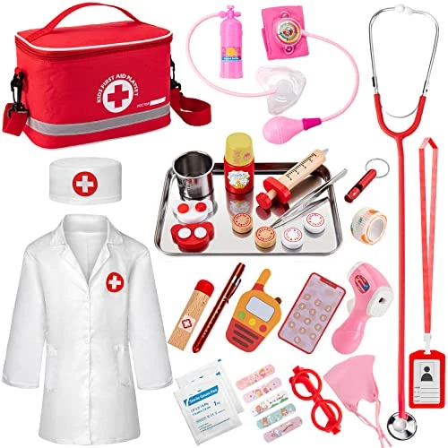 EFO SHM Malette Docteur Enfant Kit de Médecin Jouets Déguisement de Docteur Accessoires en Bois avec Stéthoscope, Thermomètre, Jouet Enfant 3 Ans