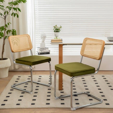 Lot de 2 chaises de salle à manger design mid-century empilables, dossier rotin tressé, assise velours verte