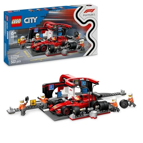 LEGO City Arrêt au Stand de F1 avec Voiture Ferrari - Jeu de Construction de Formule 1 avec Pit Stop, minifigurine de Pilote &amp; 4 mécaniciens - Cadeau d’Anniversaire pour passionnés de mécanique 60443
