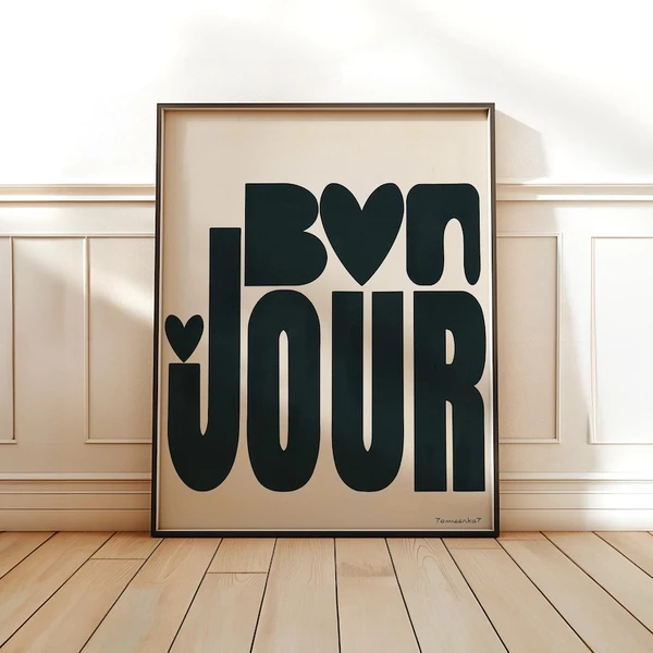 Impression d'art mural Bonjour - art mural esthétique, poster en français, décoration d'intérieur moderne, art mural de galerie, art mural élégant, art imprimable tendance