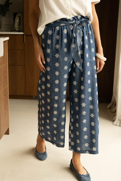 Pantalon Femme Jupe-Culotte À Broderie Avec Ceinture - Bleu - Boutique Libertie