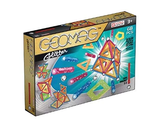 Geomag - Classic Glitter 68 Pièces - Jeu Construction Magnétique Pailleté pour Enfants dès 3-4 Ans- Fabrication Suisse - 24 Tiges Colorées à Paillettes, 20 Billes, 12 Tiles Construction -Jeux Aimanté