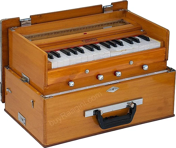 BINA 23B Deluxe, Harmonium, 2 1/2 octaves, 32 touches, petit, portable, compact, anches spéciales, safri, couleur naturelle, sac, livre, Kirtan, instrument de musique indien (PDI-411)