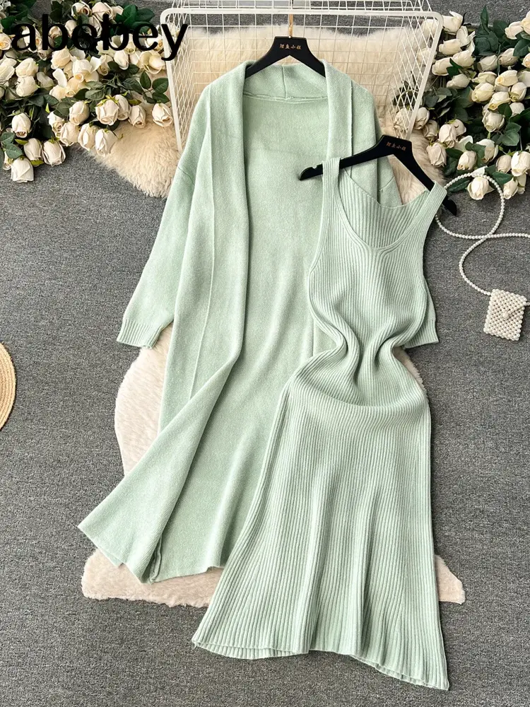 Robe en tricot à bretelles et pull cardigans longs - ensemble 2 pièces, automne | AliExpress