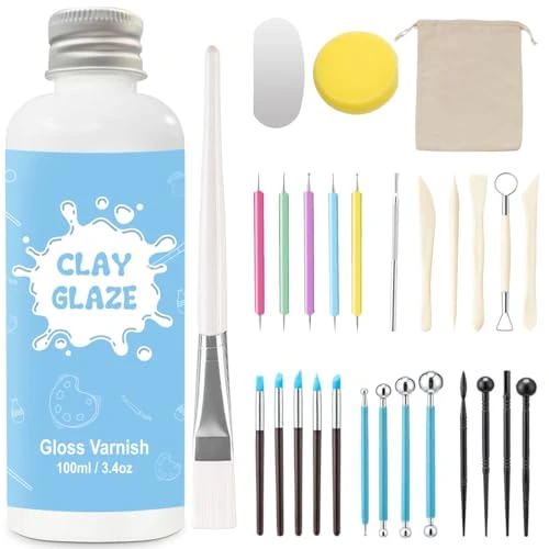 EIGTWEN 100 ml vernis argile autodurcissante et 29 pièces outils poterie, Gloss vernis argile protège l'argile de l'usure superficielle, outils sculpture argile peut être utilisé pour sculpture(Gloss)