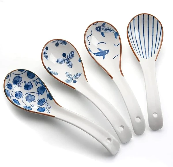Lot de 4 cuillères à soupe chinoises en céramique de 15.7 cm, cuillères à soupe de style rétro japonais, wonton raviolis miso, marron
