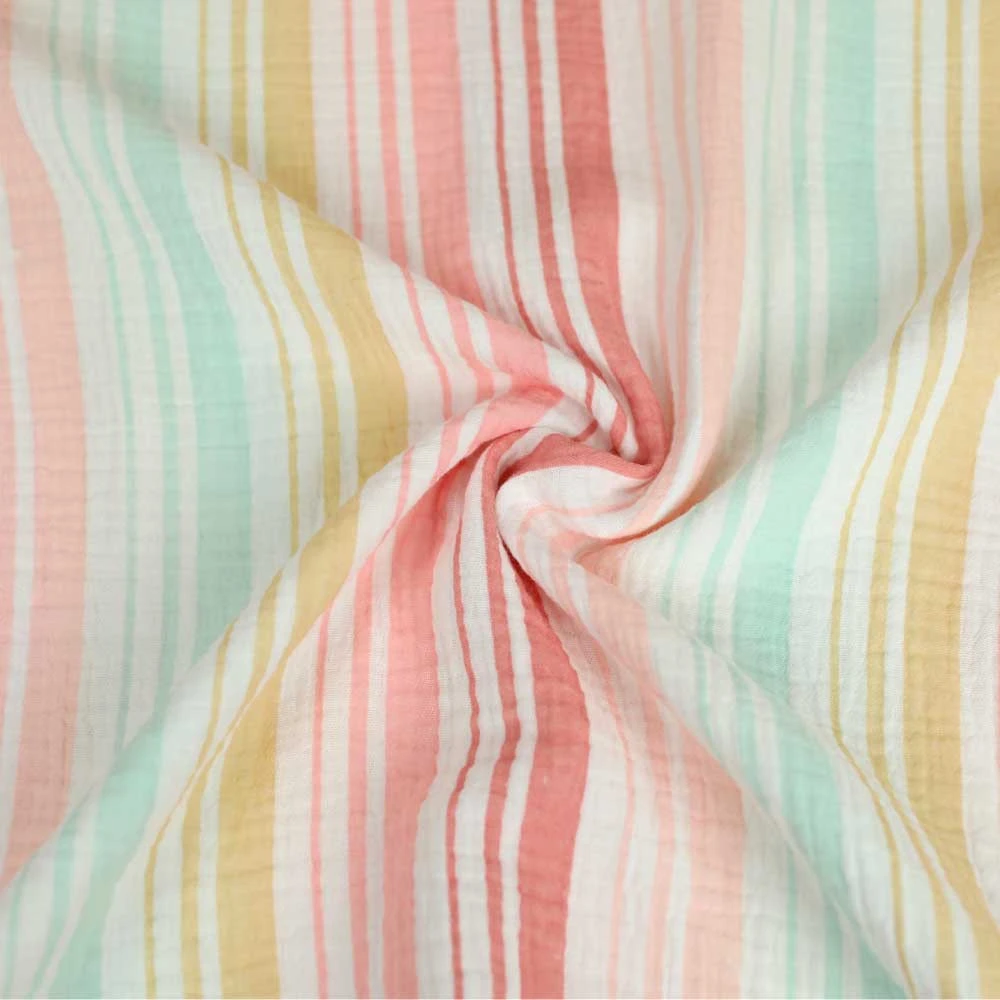 Tissu double gaze de coton blanc à motif rayure pastel | Tissu pour couture de vêtements de poids léger à moyen
