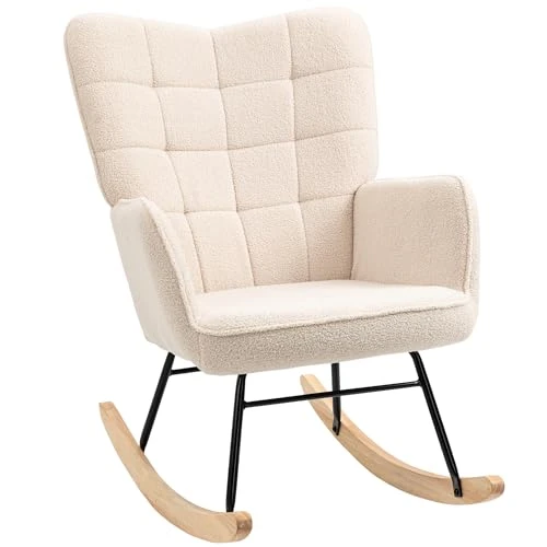 HOMCOM Fauteuil à Bascule, Rocking Chair, revêtement Bouclette, Fauteuil Allaitement, Chaise à Bascule, Structure en Acier, Pieds en Bois Massif, Beige