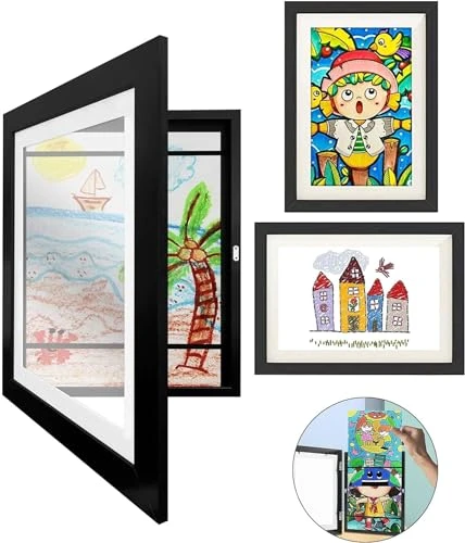 Octonyluck Cadre Dessin Enfant à Changer, Cadre a Dessin Enfant A4 Ouverture Avant, Cadre Photo d'art pour Enfants Pliable à Remplir pour le Rangement et la PréSentation des Dessins d'enfants, Noir