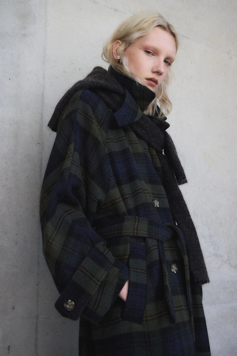 Manteau croisé double face carreaux kaki