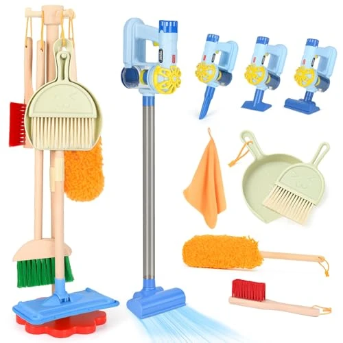Dreamon Aspirateur pour enfant avec fonction d'aspiration et sonore, 11 pièces, kit de nettoyage, jouet en bois, balai pour enfants à partir de 3 ans