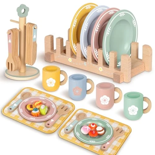 Charmofun Dinette en Bois Enfant, Jouets de Cuisine en Bois avec Tasses, Jeu de Vaisselle de Cuisine, Accessoires de Cuisine Jeux de Rôle pour Filles Garçons 3+ Ans