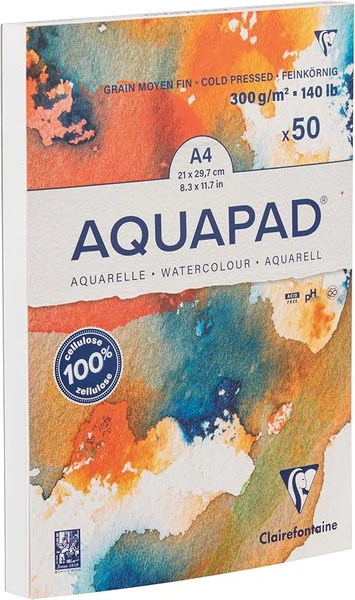 Clairefontaine 975721C Bloc Encollé Goldline Aquapad - 50 Feuilles Papier Aquarelle Blanc Grain Moyen Fin A4 21x29,7 cm 300g