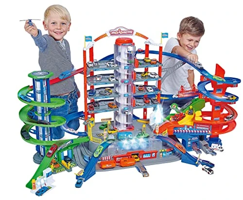 Majorette - Super City Garage - Train Motorisé - 7 Niveaux de Jeu avec 2 Ascenseurs Automatisés - Pompier + Police + Héliport - 35 Places de Parking - 6 Véhicules Inclus - 212059989