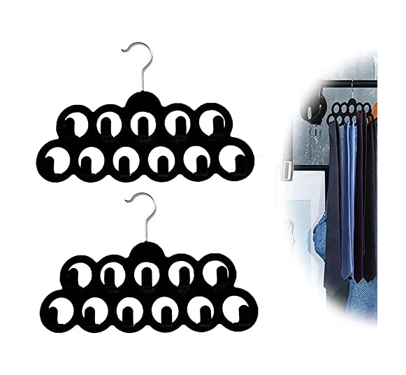 Lot de 2 cintres pour écharpes, cravates, ceintures, bijoux, accessoires, 11 trous, crochets robustes(Noir)