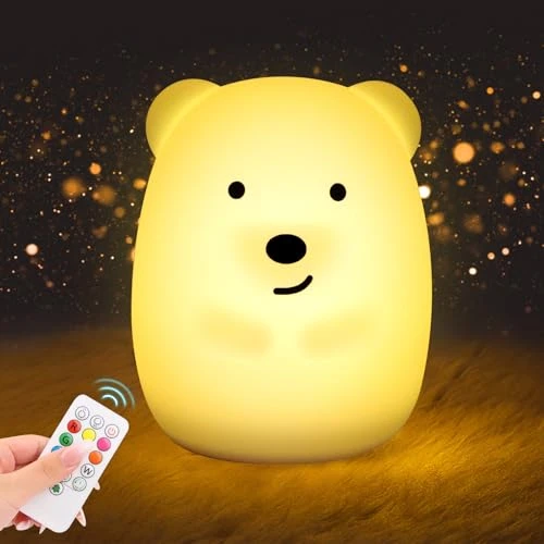 JOPHEK Veilleuse Bébé Ours Tactile, 9 Couleurs 3 Modes Veilleuse, en Silicone, Veilleuse Led Rechargeable, avec Fonction Minuterie, Télécommande, pour Enfant Chambre Cadeau