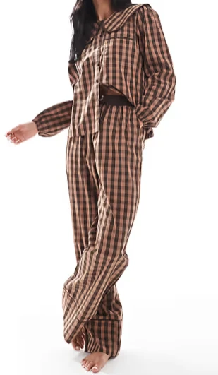 Threadbare - Pyjama boutonné à carreaux avec col - Marron