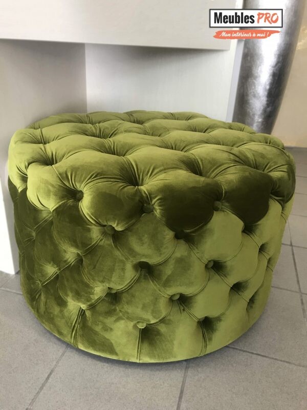 Pouf rond vert olive capitonné en velours - Mon Comptoir Local
