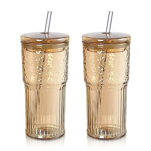 Joeyan 650 ml Ambre Verre Avec Couvercle et Paille pour Smoothies Milkshakes Jus de Fruits Thé,Borosilicate Verre Nervuré,Côtelée Boire Tasses,Gobelet Bubble Tea