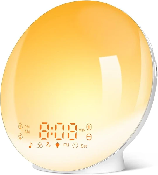 Alarm Clock LED Radio Alarm Clock Morning Luminous Bedside Lamp 20 Levels of Brightness Simulator Dawn and Twilight 2 Alarm Clocks 7 Natural Sounds Snooze Function Night Light Child 11 Colours [Energy Class G]