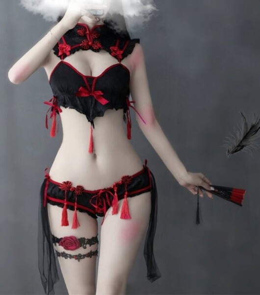 Sexy Cosplay Traditional Dress for Women Gothic Punk little Devil Bra Set Black Red Cheongsams Party Fashion Solid Color Satin V